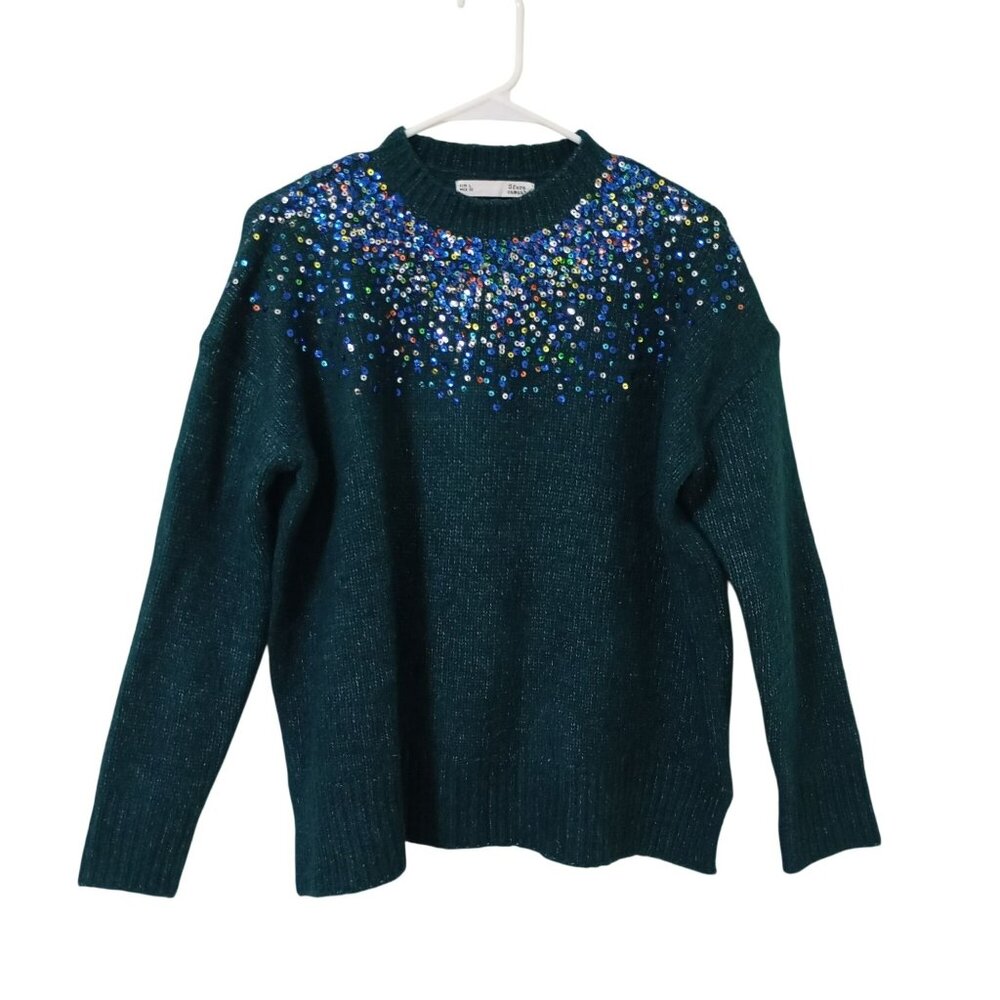 Sfera Sweater With Colorful Sequin Embellishment Size L Ribbed Hem & Cuffs